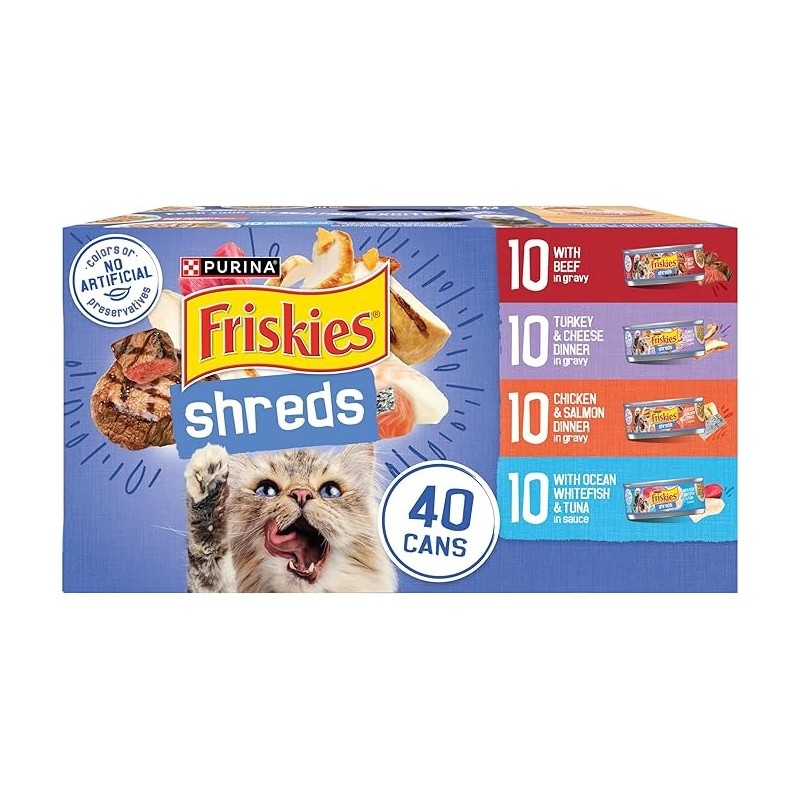 20 PackWet Cat Food Variety Pack, Shreds With Beef, Turkey and Cheese Dinner, Chicken and Salmon Dinner, and With Ocean Whitefish and Tuna